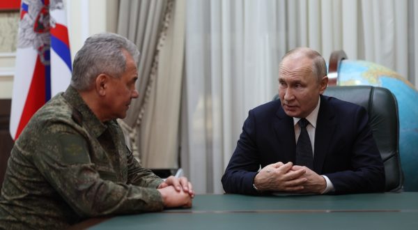 epa10967919 Russian President Vladimir Putin (R) and Defence Minister Sergei Shoigu attend a meeting at the headquarters of the group of forces taking part in the special military operation in Rostov-on-Don, Russia, late 09 November 2023 (issued 10 November 2023). On his way back from Kazakhstan, Vladimir Putin made a stopover in Rostov-on-Don, where he visited the headquarters of the Southern Military District and was briefed on the progress of the special military operation, shown new weapons samples of military hardware, presidential press secretary Dmitry Peskov said.  EPA/GAVRIIL GRIGOROV/SPUTNIK/KREMLIN POOL / POOL MANDATORY CREDIT