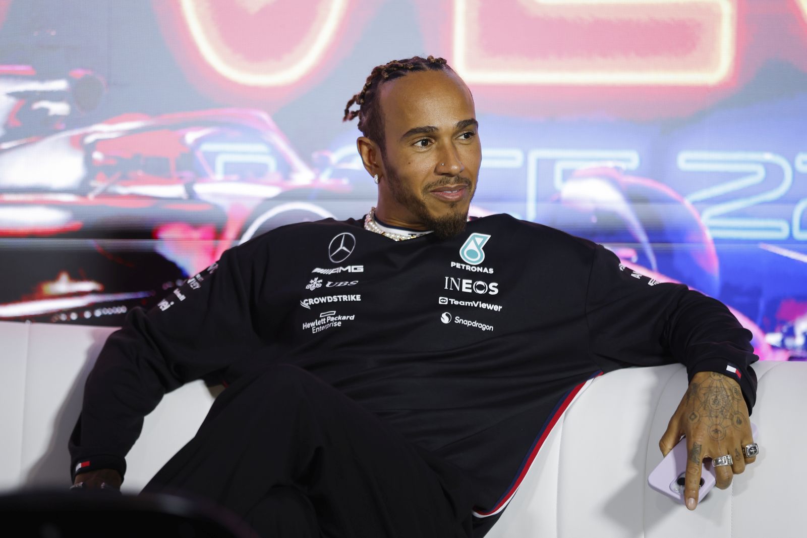 epa10977721 British driver Lewis Hamilton of Mercedes attends a press conference ahead of the F1 Las Vegas Grand Prix at the Las Vegas Strip Circuit in Las Vegas, Nevada, USA, 15 November 2023.  EPA/CAROLINE BREHMAN