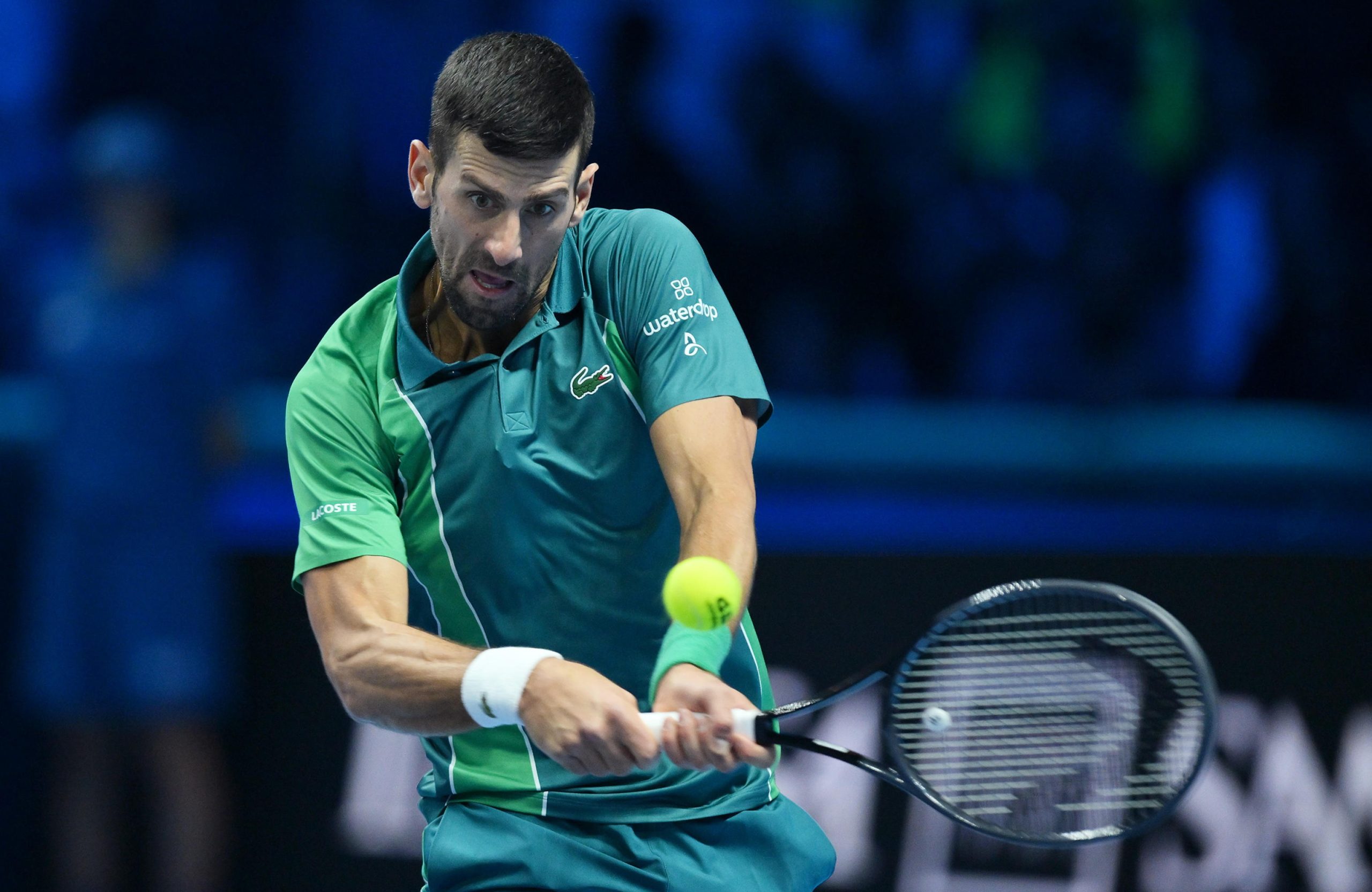 epa10978532 Novak Djokovic of Serbia in action during his round robin match against Hubert Hurkacz of Poland at the Nitto ATP Finals tennis tournament in Turin, Italy, 16 November 2023.  EPA/Alessandro Di Marco