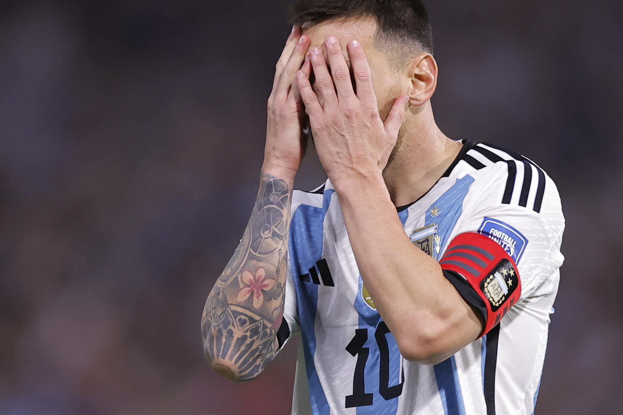 epa10979955 Argentina's Lionel Messi reacts during a FIFA 2026 World Cup qualifiers soccer match between Argentina and Uruguay at La Bombonera stadium in Buenos Aires, Argentina, 16 November 2023.  EPA/JUAN IGNACIO RONCORONI