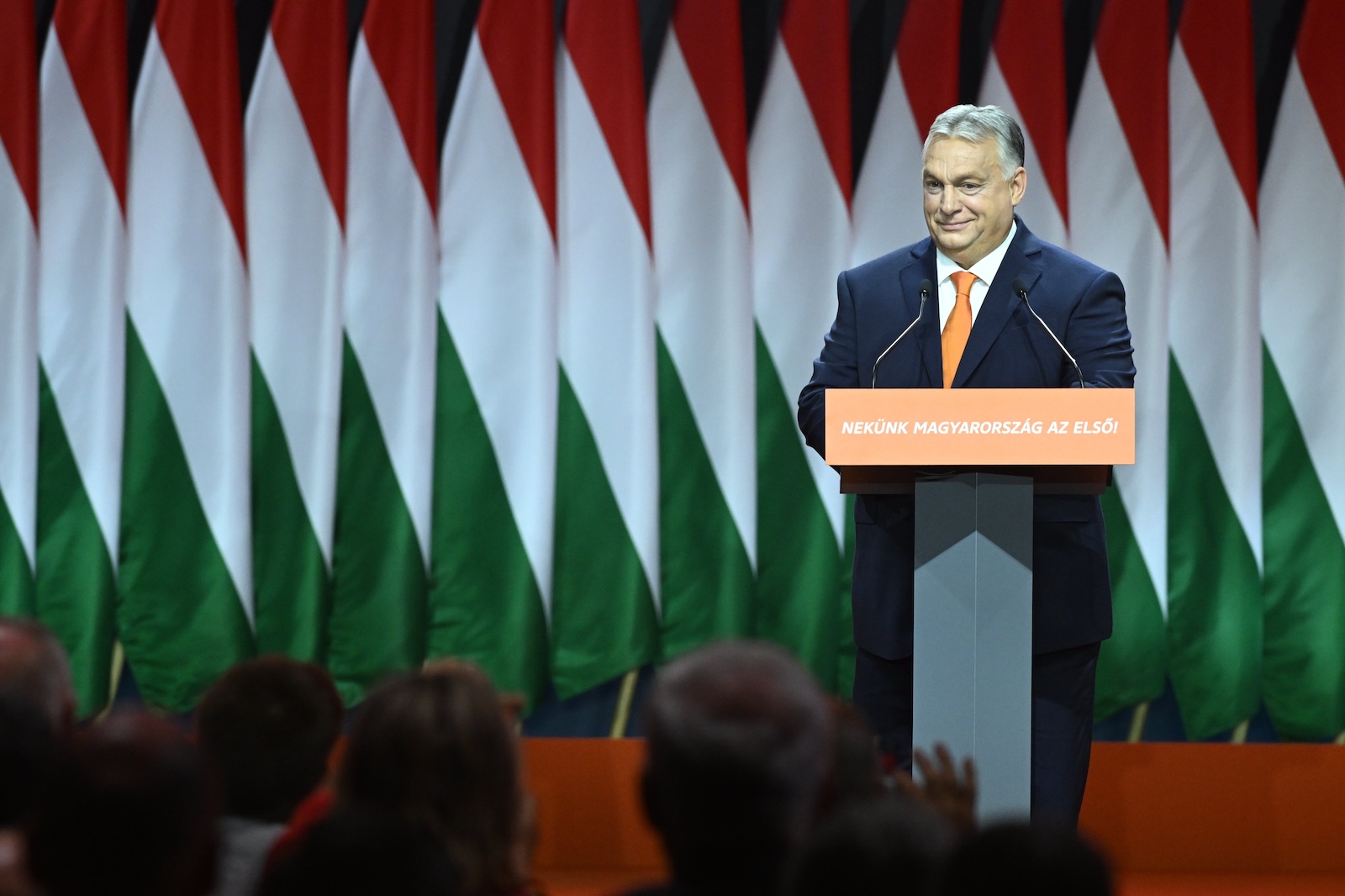 epa10983031 Hungarian Prime Minister Viktor Orban delivers his speech after he was re-elected as party president at the election of officials congress of the ruling Hungarian Fidesz party, during the 30th congress of Fidesz in Budapest, Hungary, 18 November 2023.  EPA/Szilard Koszticsak HUNGARY OUT