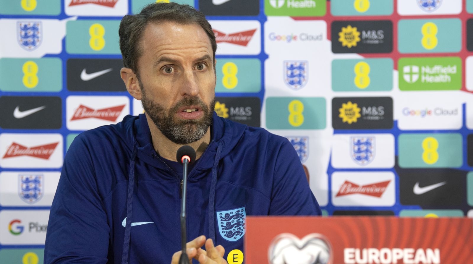 epa10985229 England manager Gareth Southgate attends a press conference in Skopje, North Macedonia, 19 November 2023. North Macedonia will face England in their UEFA EURO 2024 Group C qualification match in Skopje on 20 November.  EPA/GEORGI LICOVSKI