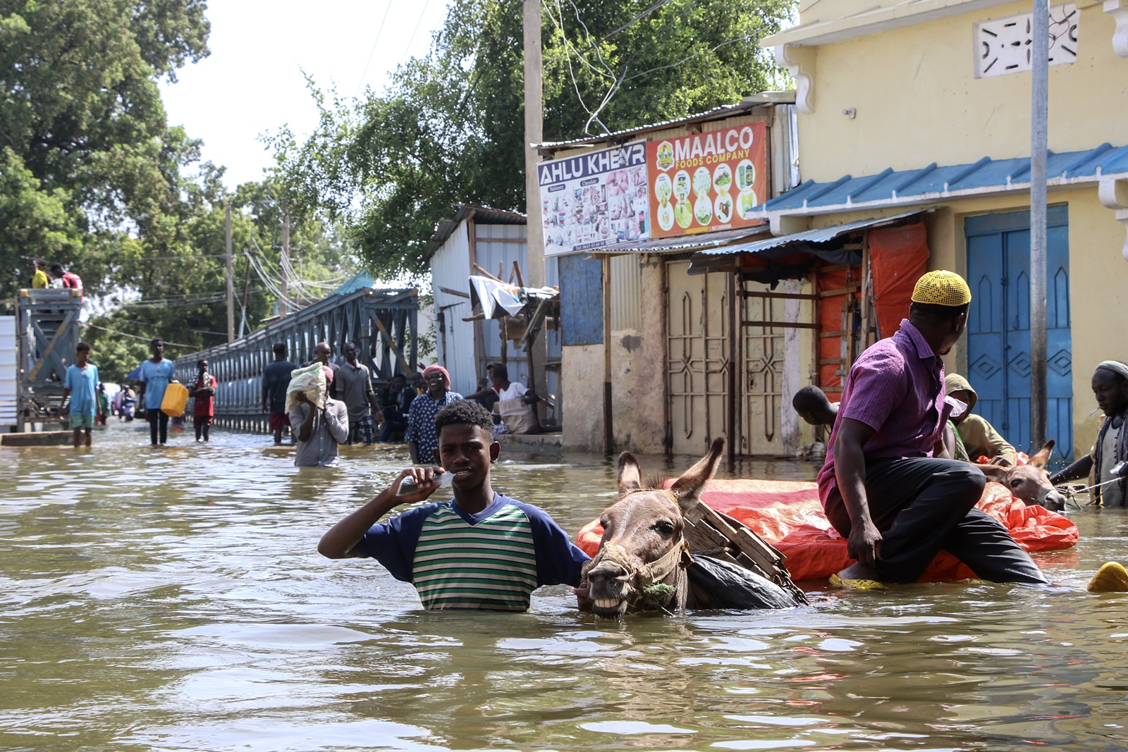 epa10985824 Residents pull a donkey cart as they wade through the floodwater at a submerged street in Beledweyne, Hiran region, central Somalia, 20 November 2023. Floodwaters from the Shabelle River have reached Beledweyne, forcing families to seek refuge on higher ground. Regional officials said at least twelve people were killed by floods in Beledweyne following heavy rains, as Somalia is facing the worst drought in 40 years.  EPA/SAID YUSUF WARSAME