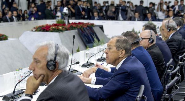 epa11003186 Russian Foreign Minister Sergei Lavrov (C) attends the 30th OSCE Ministerial Meeting in Skopje, Republic of North Macedonia, 30 November 2023. The Ministerial Council meets once a year towards the end of every term of chairmanship to consider issues on the OSCE agenda and adopt relevant documents. The 30th OSCE Ministerial Council takes place on 30 November and 01 December 2023.  EPA/GEORGI LICOVSKI