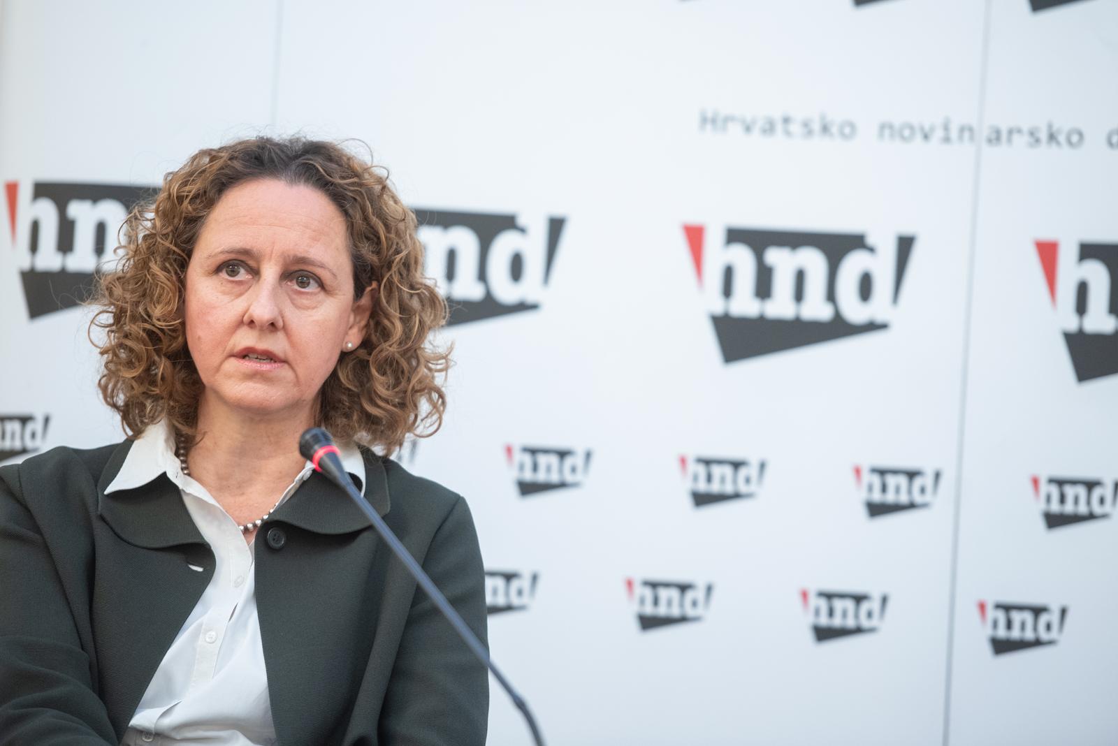 2.11.2023., Zagreb - Javna tribina HND-a "Kakva je buducnost HRT-a?" na kojoj su sudjelovali ministrica kulture i medija Nina Obuljen Korzinek, glavni ravnatelj HRT-a Robert Sveb, predsjednik Vijeca za elektronicke medije Josip Popovac i saborski zastupnik Goran Ivanovic. Sudionici su govorili o polozaju HRT-a u hrvatskome medijskom prostoru te o postovanju obveza predlozenih u Europskom aktu o slobodi medija, neovisnosti upravljackih tijela i osiguravanju uvjeta za razvoj profesionalnoga i kvalitetnog novinarstva na javnome medijskom servisu. Photo: Neva Zganec/PIXSELL