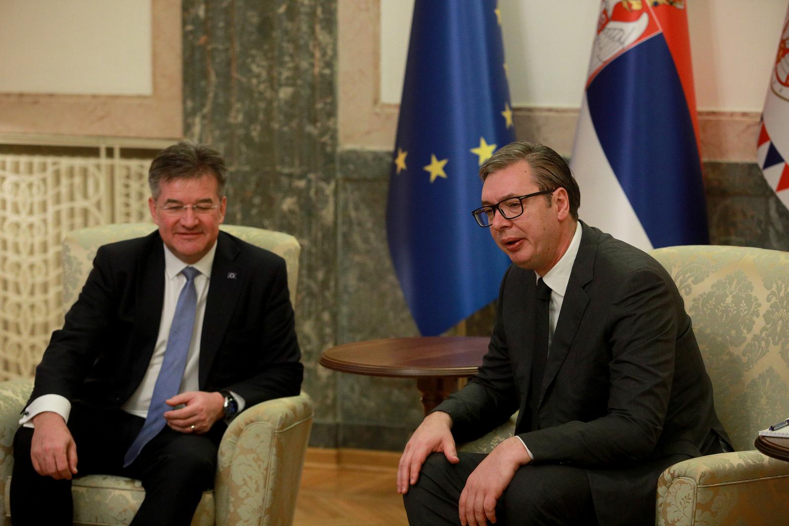 14, November, 2023, Belgrade - The President of the Republic of Serbia, Aleksandar Vucic, met with the Special Representative of the European Union for the dialogue between Belgrade and Pristina, Miroslav Lajcak. Miroslav Lajcak, Aleksandar Vucic. Photo: Milos Tesic/ATAImages

14, novembar, 2023, Beograd -DPredsednik Republike Srbije Aleksandar Vucic sastao se sa specijalnim predstavnikom Evropske unije za dijalog Beograda i Pristine Miroslavom Lajcakom. Photo: Milos Tesic/ATAImages Photo: Milos Tesic/ATAImages/PIXSELL