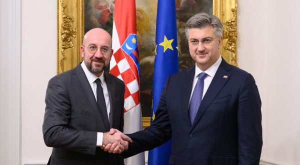 16.11.2023., Zagreb - Radni sastanak o novom Strateskom programu EU. Predsjednika Europskog vijeca Charlesa Michela pred Banskim dvorima docekao je predsjednik Vlade Andrej Plenkovic. Andrej Plenkovic, Charles Michel.
 Photo: Davor Puklavec/PIXSELL