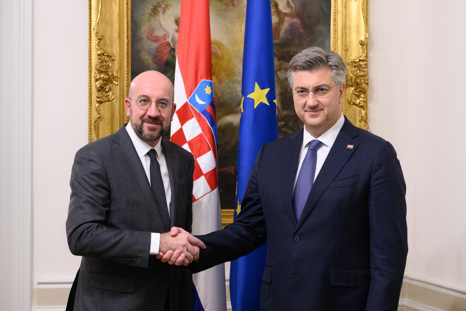 16.11.2023., Zagreb - Radni sastanak o novom Strateskom programu EU. Predsjednika Europskog vijeca Charlesa Michela pred Banskim dvorima docekao je predsjednik Vlade Andrej Plenkovic. Andrej Plenkovic, Charles Michel.
 Photo: Davor Puklavec/PIXSELL