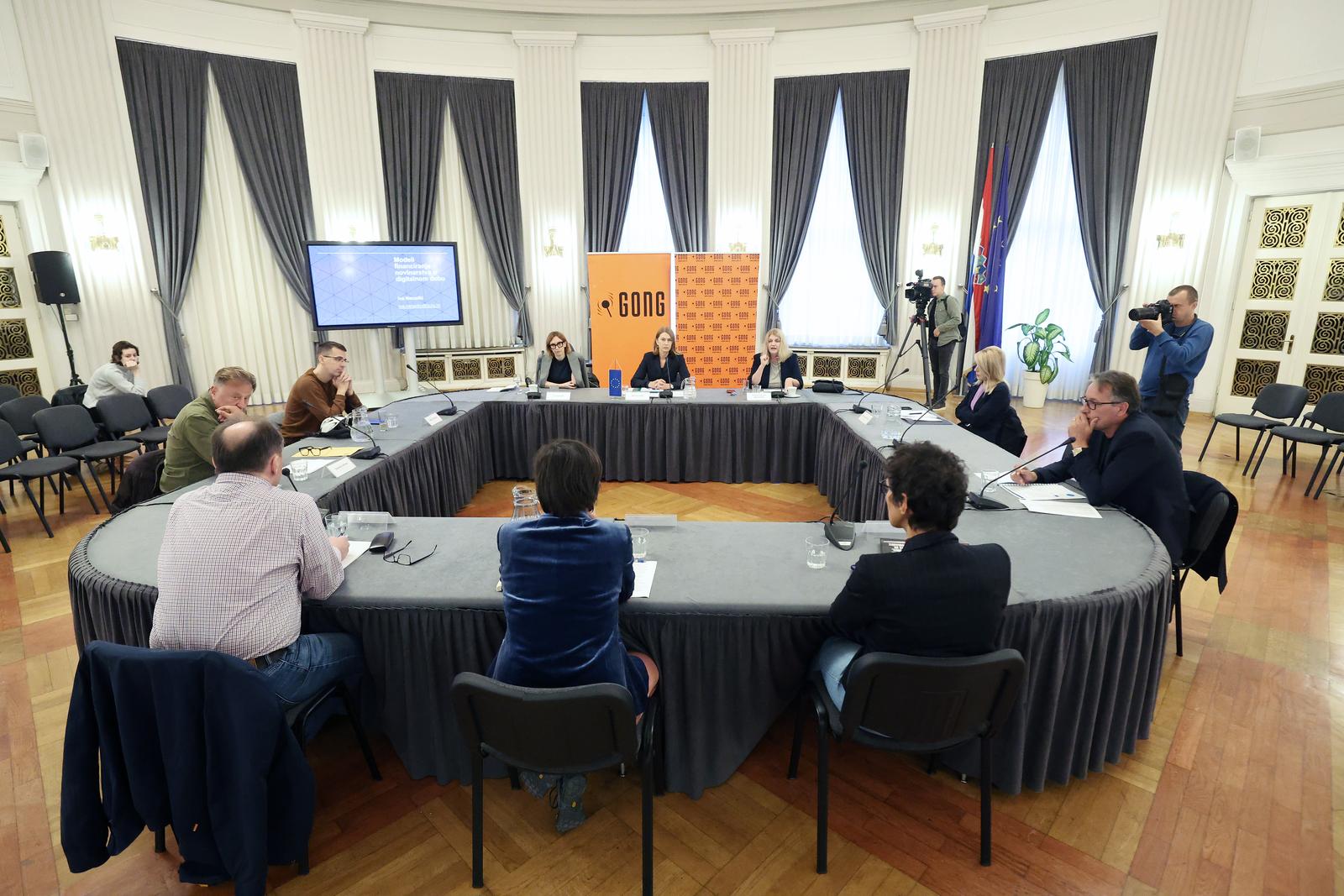 18.10.2023., Zagreb - Novinarski dom. Udruga Gong predstavila je analizu docentice Ive Nenadic "Modeli financiranja novinarstva u digitalnom dobu". Na predstavljanju su govorili Iva Nenadic (Fakultet politickih znanosti u Zagrebu), Jasna Vanicek-Fila (Ministarstvo kulture i medija), Josip Popovac (Agencija za elektronicke medije), Maja Sever (Sindikat novinara Hrvatske), Melisa Skender (Hrvatsko novinarsko društvo), Dario Spelic (Hrvatska radiotelevizija), Tomislav Wruss (Hanza Media), Marko Matijevic (Srednja.hr/Mirovina.hr/Baustela.hr) i Oriana Ivkovic Novokmet (Gong). Photo: Sanjin Strukic/PIXSELL