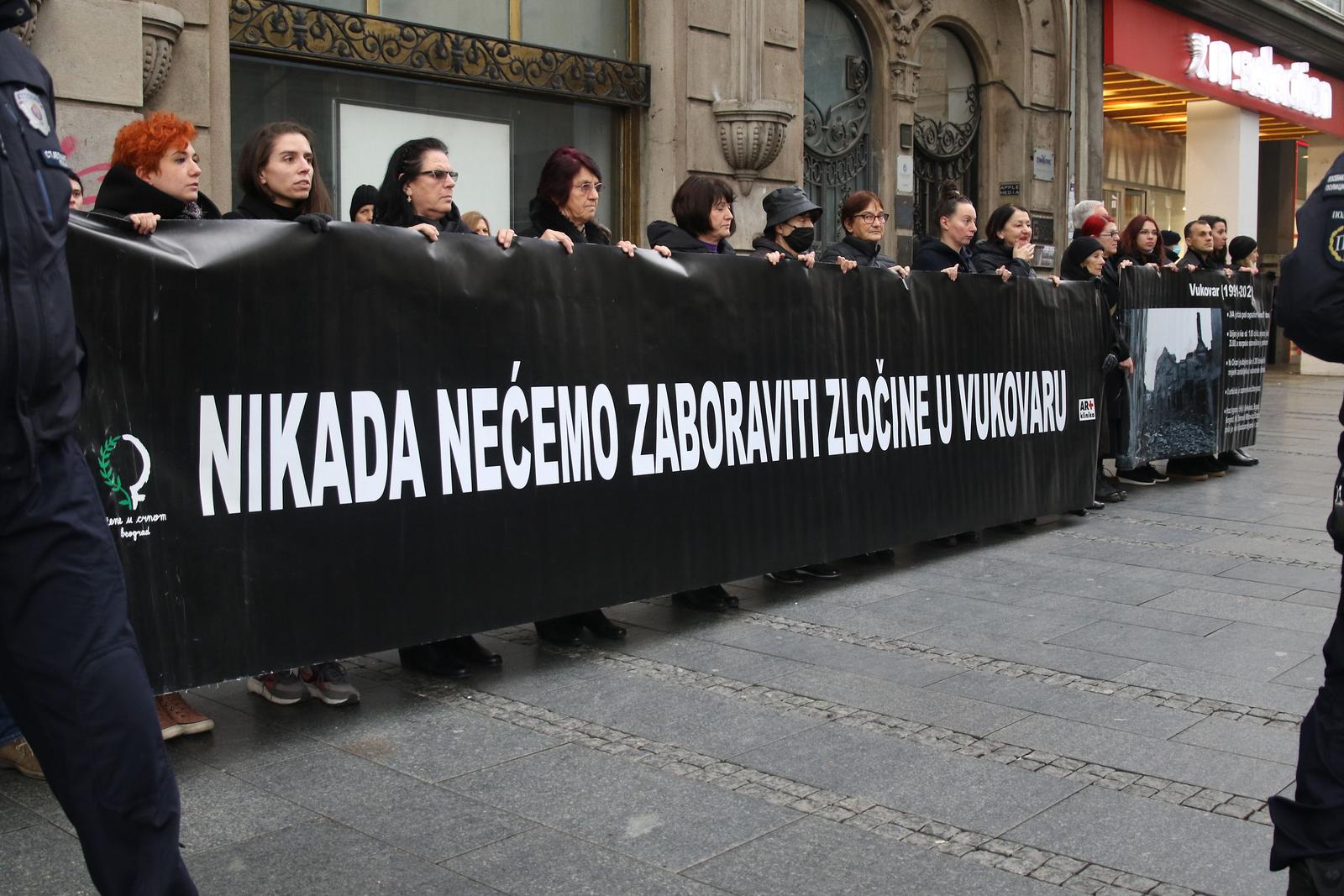 18, November, 2021, Belgrade - In Knez Mihailova Street, an action in black and silent "We will never forget the crimes in Vukovar" Women in Black, and a stage action "We seek responsibility for camps for Croats in Serbia - 1991/92" was performed. 

18, novembar, 2021, Beograd - U Knez Mihailovoj ulici akcija u crnini i cutanju "Nikada necemo zaboraviti zlocine u Vukovaru" Zena u crnom, a  izvedena  je scenska akcija "Trazimo odgovornost za logore za Hrvate u Srbiji – 1991/92".  Photo: B.P./PIXSELL