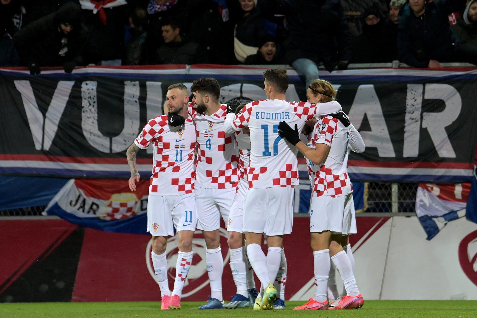 18.11.2023., stadion Skonto, Riga, Latvija - Kvalifikacije za UEFA Euro 2024, skupina D, Latvija - Hrvatska. Nogometasi Hrvatske slave pogodak Andreja Kramarica za vodstvo 2:0. Photo: Ansis Ventins/PIXSELL
