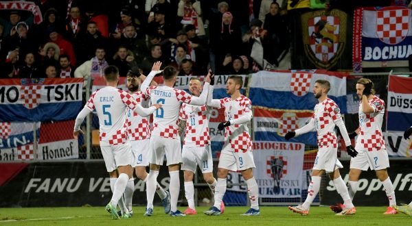 18.11.2023., stadion Skonto, Riga, Latvija - Kvalifikacije za UEFA Euro 2024, skupina D, Latvija - Hrvatska. Nogometasi Hrvatske slave pogodak Andreja Kramarica za vodstvo 2:0. Photo: Ansis Ventins/PIXSELL