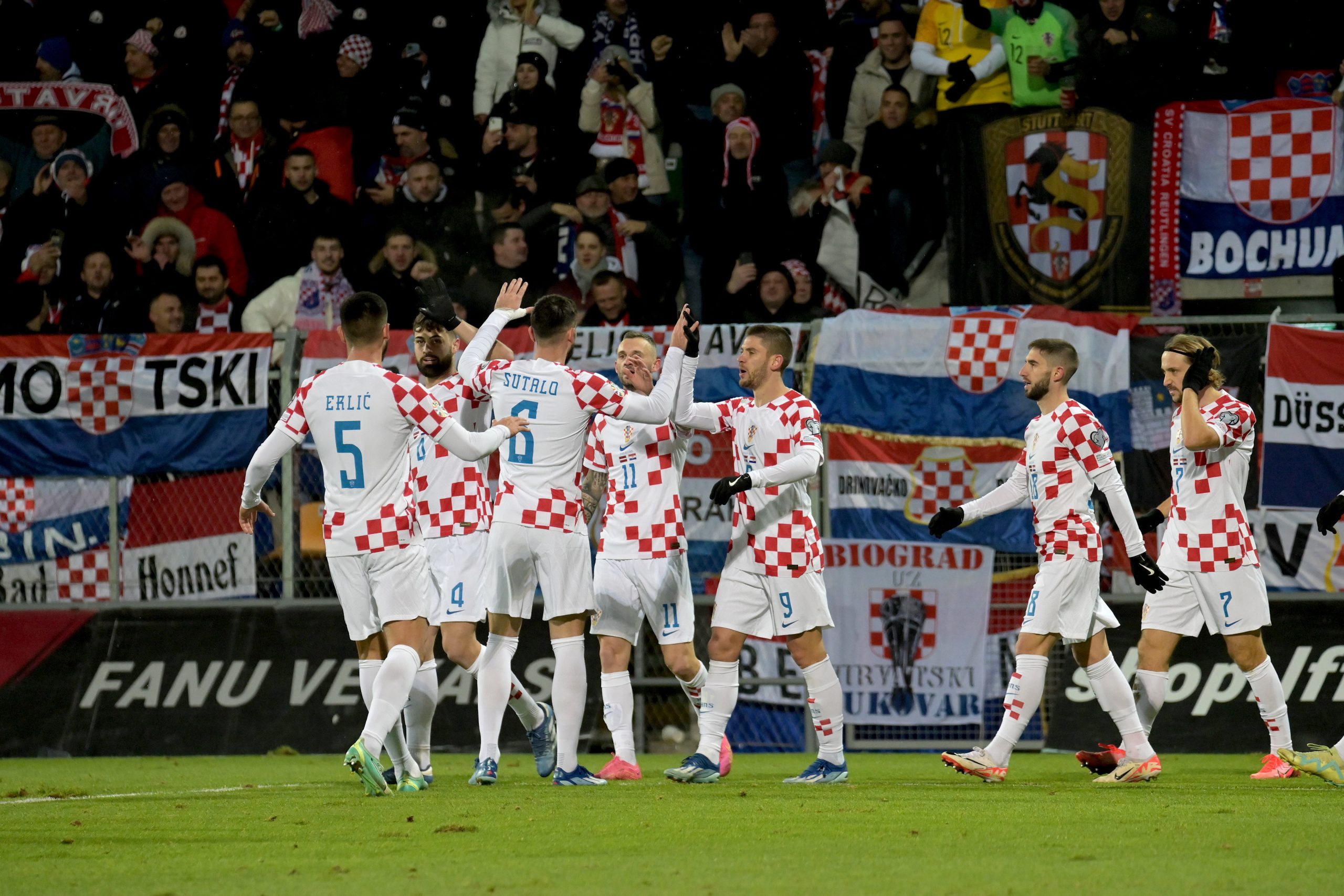 18.11.2023., stadion Skonto, Riga, Latvija - Kvalifikacije za UEFA Euro 2024, skupina D, Latvija - Hrvatska. Nogometasi Hrvatske slave pogodak Andreja Kramarica za vodstvo 2:0. Photo: Ansis Ventins/PIXSELL