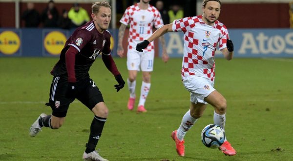18.11.2023., stadion Skonto, Riga, Latvija - Kvalifikacije za UEFA Euro 2024, skupina D, Latvija - Hrvatska. Andrejs Ciganiks, Lovro Majer Photo: Ansis Ventins/PIXSELL