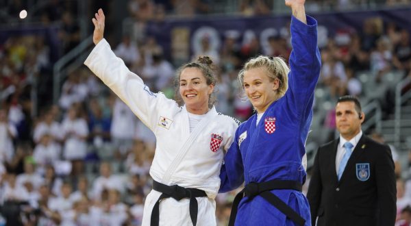 19.08.2023., Arena Zagreb, Zagreb - IJF World Judo Tour Zagreb Grand Prix 2023. Finale, zene do 70 kilograma. Barbara MATIC, bijeli (Hrvatska) - Lara CVJETKO (Hrvatska). Photo: Luka Stanzl/PIXSELL
