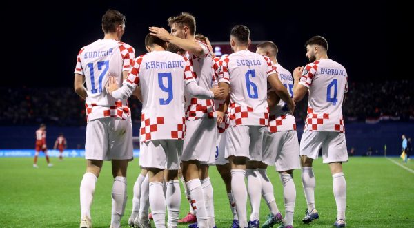 21.11.2023., stadion Maksimir, Zagreb - Kvalifikacije za UEFA Euro 2024, skupina D, Hrvatska - Armenija. Nogometasi Hrvatske slave pogodak Ante Budimira za vodstvo 1:0. Photo: Luka Stanzl/PIXSELL