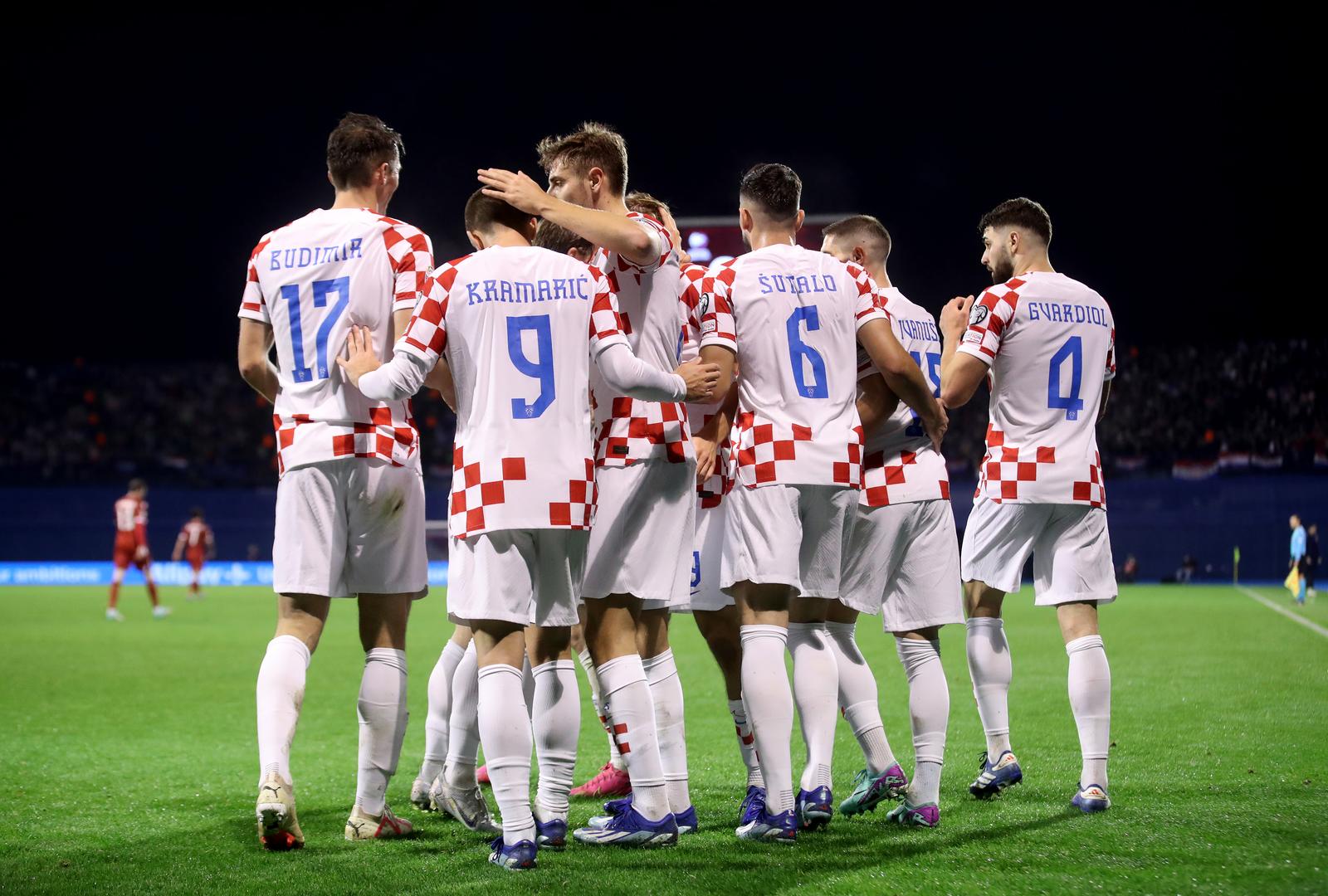 21.11.2023., stadion Maksimir, Zagreb - Kvalifikacije za UEFA Euro 2024, skupina D, Hrvatska - Armenija. Nogometasi Hrvatske slave pogodak Ante Budimira za vodstvo 1:0. Photo: Luka Stanzl/PIXSELL