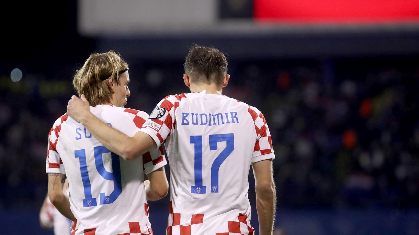 21.11.2023., stadion Maksimir, Zagreb - Kvalifikacije za UEFA Euro 2024, skupina D, Hrvatska - Armenija. Nogometasi Hrvatske slave pogodak Ante Budimira za vodstvo 1:0. Borna Sosa, Ante Budimir Photo: Luka Stanzl/PIXSELL