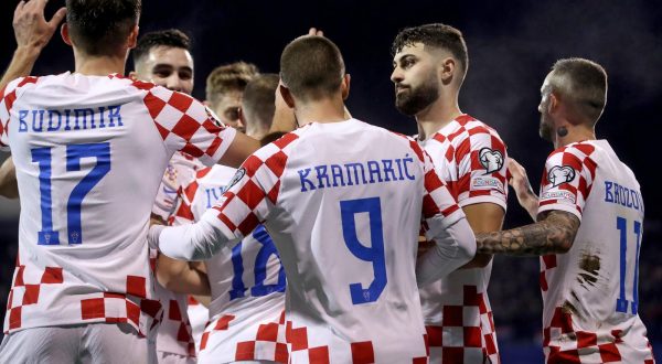 21.11.2023., stadion Maksimir, Zagreb - Kvalifikacije za UEFA Euro 2024, skupina D, Hrvatska - Armenija. Nogometasi Hrvatske slave pogodak Ante Budimira za vodstvo 1:0. Photo: Luka Stanzl/PIXSELL
