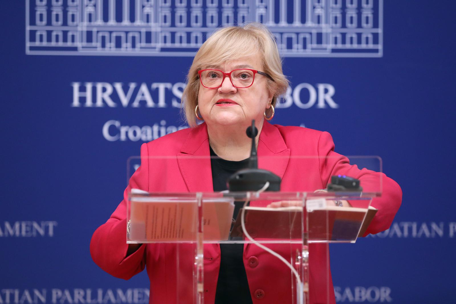 23.11.2023., Zagreb - Na konferenciji za medije odrzanoj u Saboru o temi „Prikupljeni potpisi za ukljucivanje u raspravu Prijedloga zakljucka o pokretanju postupka pregovora o izmjenama ugovora između Sveta Stolice i RH“ govorila je zastupnica Anka Mrak Taritas.
 Photo: Patrik Macek/PIXSELL