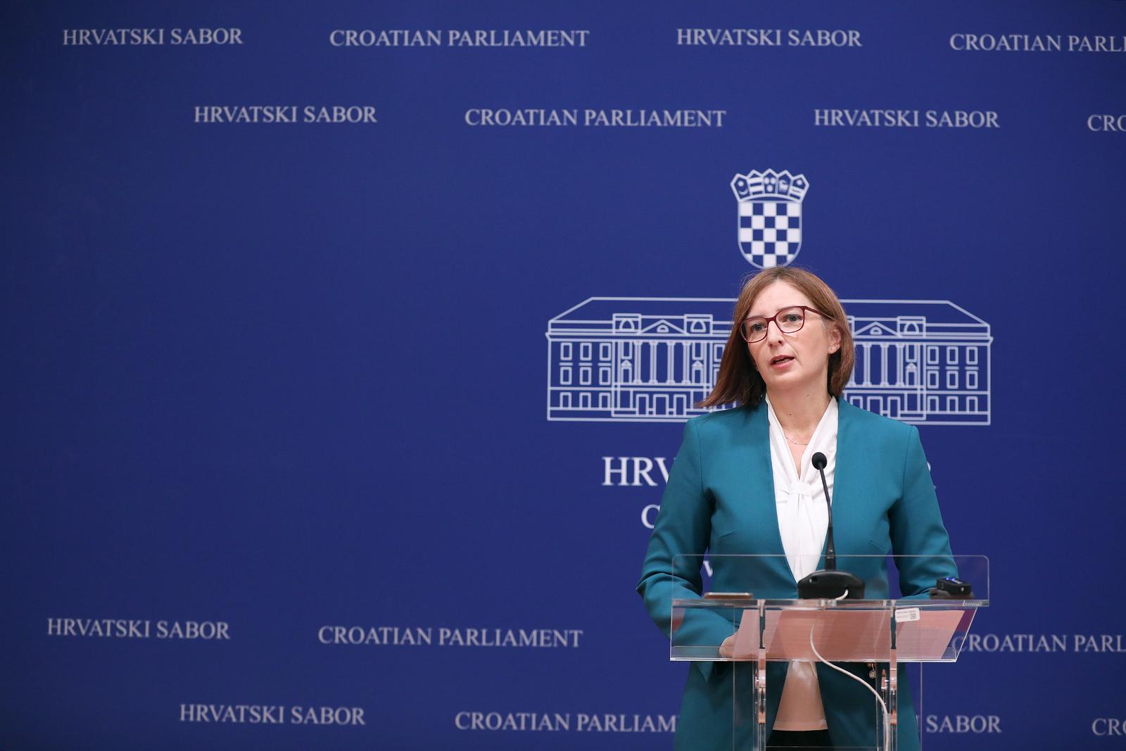 25.10.2023., Zagreb - Na konferenciji za medije odrzanoj u Saboru o temi "Dvije Hrvatske". govorila je Marijana Puljak.   Photo: Patrik Macek/PIXSELL
