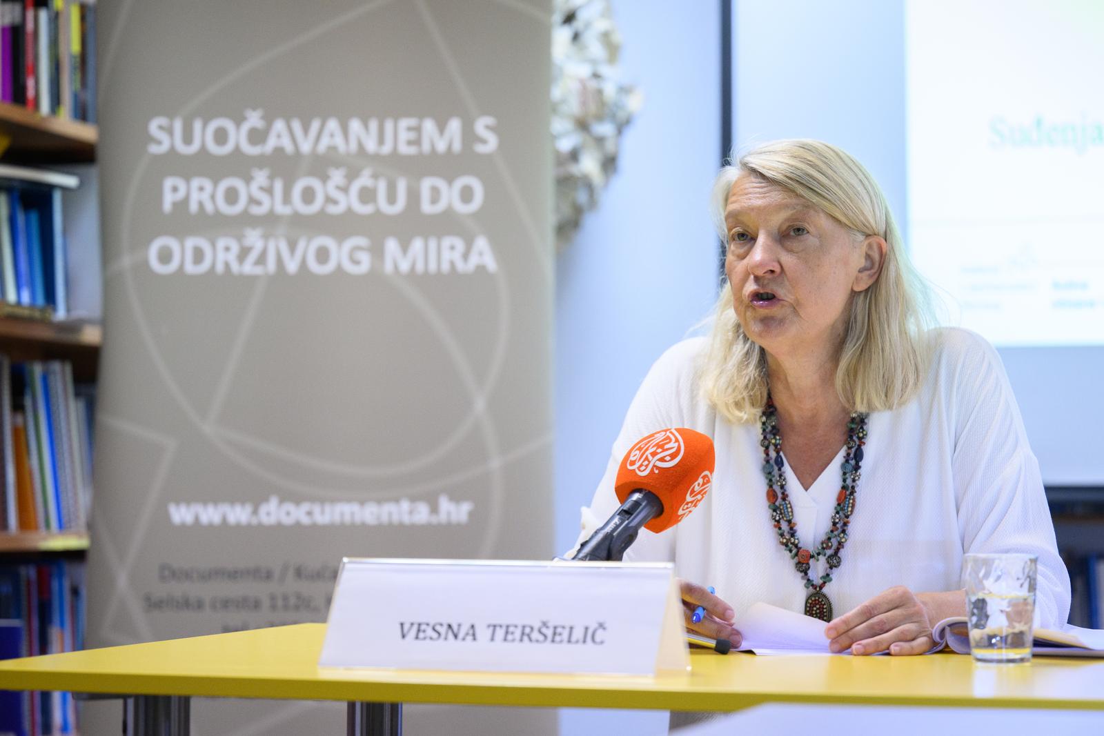 26.07.2023., Zagreb - Vesna Terselic i Veselinka Kastratovic iz Documente - Centra za suocavanje s prosloscu predstavitle su Izvjestaj o pracenju sudjenja za ratne zlocine za 2022. Organizacije za ljudska prava Documenta i Centar za mir, nenasilje i ljudska prava Osijek sustavno prate sudjenja za ratne zlocine od 2005. Vesna Terselic.
 Photo: Davor Puklavec/PIXSELL