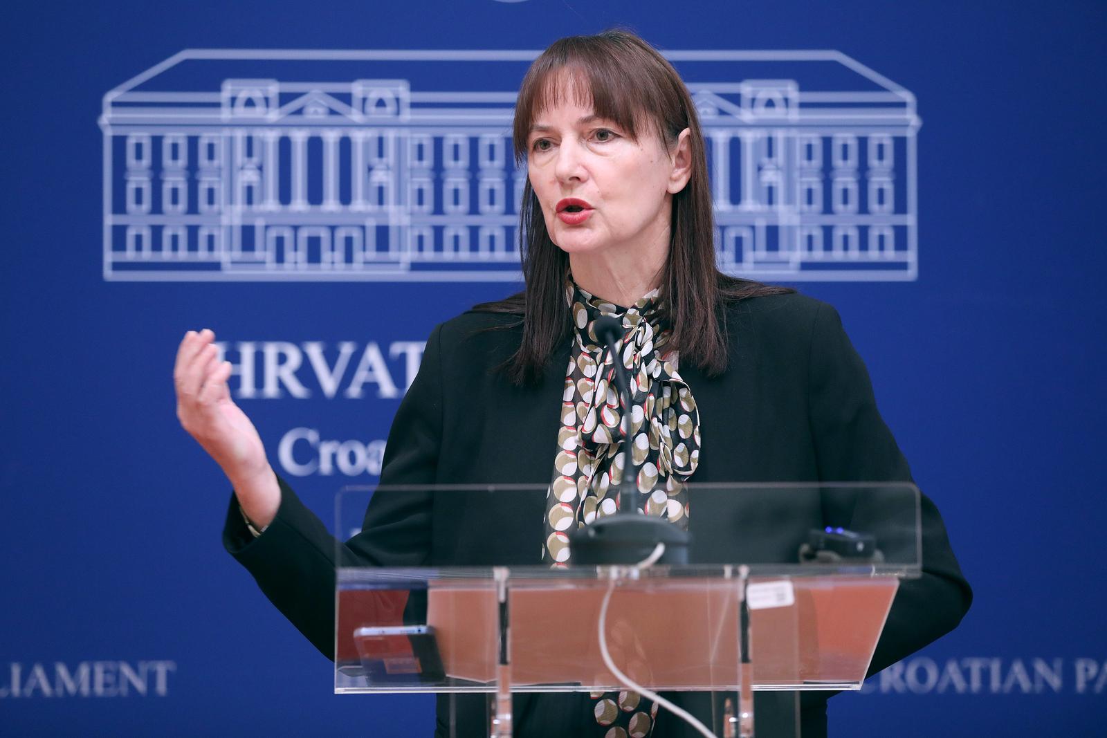 29.11.2023., Zagreb - Na konferenciji za medije odrzanoj u Saboru zastupnica Vesna Vucemilovic govorila je o temi  "Vrdoljakovo muljanje muljem u Beliscu".
 Photo: Patrik Macek/PIXSELL