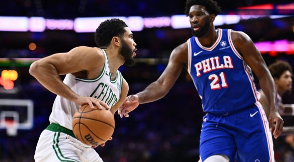 Nov 8, 2023; Philadelphia, Pennsylvania, USA; Boston Celtics forward Jayson Tatum (0) controls the ball against Philadelphia 76ers center Joel Embiid (21) in the first quarter at Wells Fargo Center. Mandatory Credit: Kyle Ross-USA TODAY Sports Photo: Kyle Ross/REUTERS