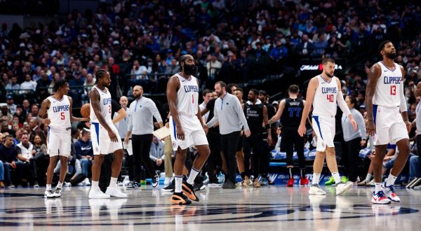 Nov 10, 2023; Dallas, Texas, USA;  LA Clippers guard Bones Hyland (5) and LA Clippers forward Kawhi Leonard (2) and LA Clippers guard James Harden (1) and LA Clippers center Ivica Zubac (40) and LA Clippers forward Paul George (13) react during the second half against the Dallas Mavericks at American Airlines Center. Mandatory Credit: Kevin Jairaj-USA TODAY Sports Photo: Kevin Jairaj/REUTERS