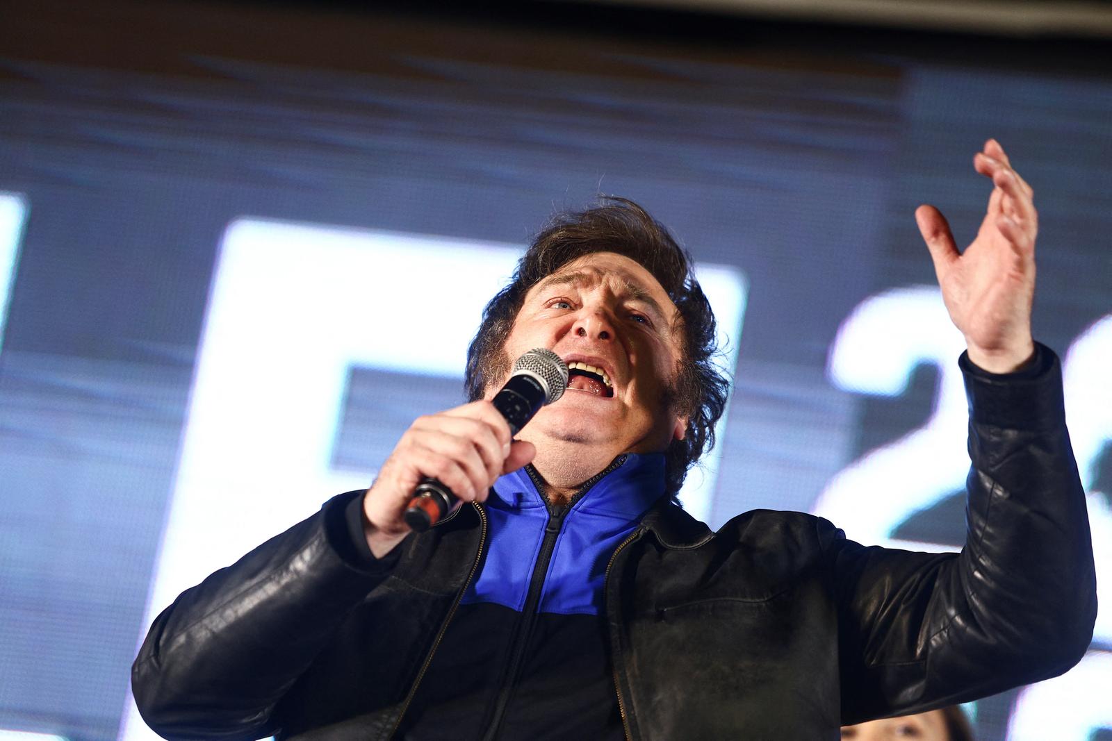 Argentine presidential candidate Javier Milei speaks during the closing event of his electoral campaign ahead of the November 19 runoff election, in Cordoba, Argentina, November 16, 2023. REUTERS/Matias Baglietto Photo: MATIAS BAGLIETTO/REUTERS