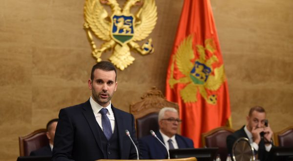 epa10949726 Montenegro's Prime Minister designate Milojko Spajic addresses the Parliament in Podgorica, Montenegro, 30 October 2023. Spajic announced his candidates for ministerial positions. Europe Now party President and Prime Minister designate Milojko Spajic managed to form a coalition government after the snap parliamentary elections on 11 June 2023.  EPA/BORIS PEJOVIC