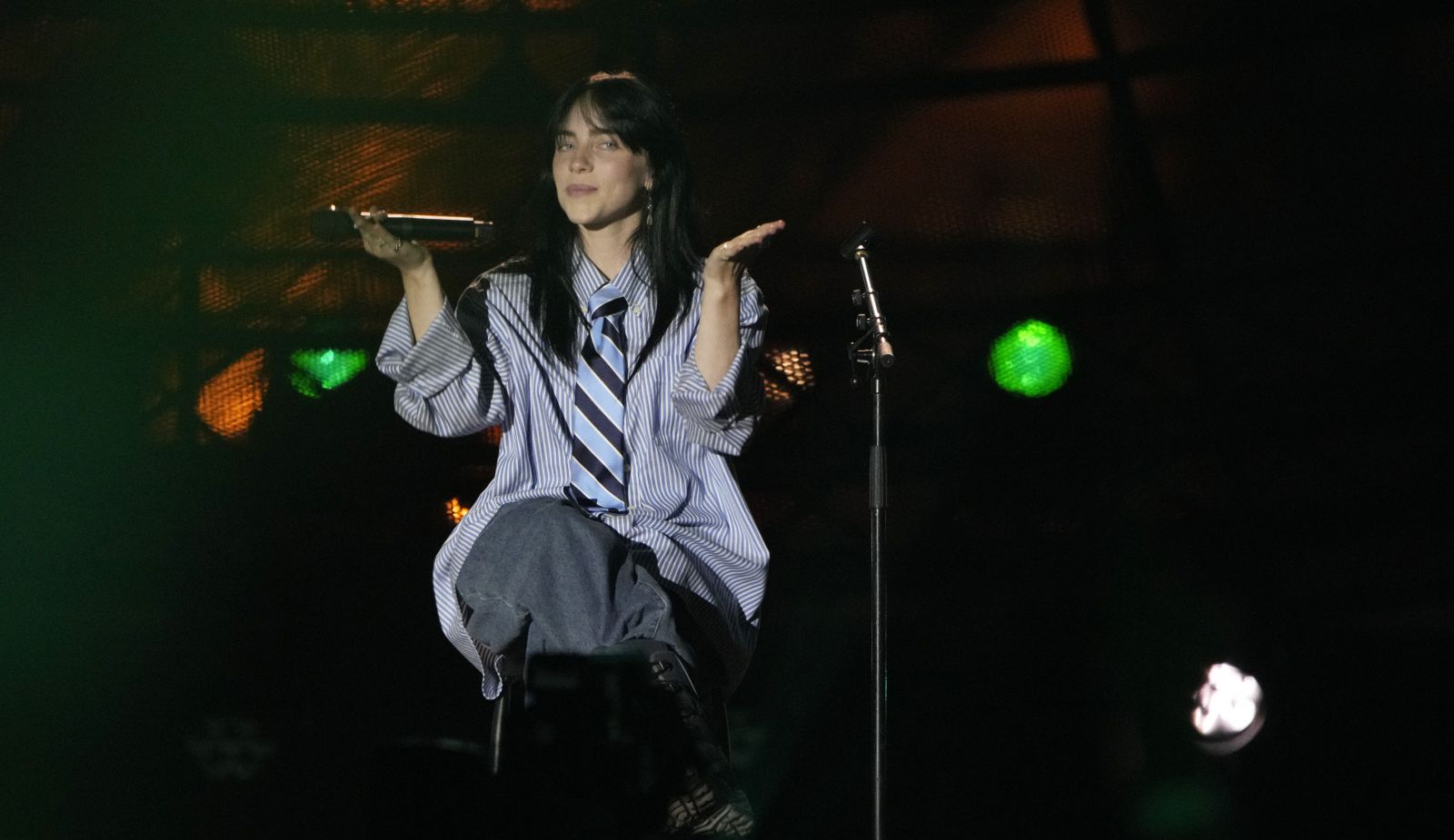 Billie Eilish performs during the Power Our Planet concert on the sideline of the Climate Finance conference in Paris, Thursday, June 22, 2023. World leaders, heads of international organisations and activists are gathering in Paris for a two-day summit aimed at seeking better responses to tackle poverty and climate change issues by reshaping the global financial system. (AP Photo/Lewis Joly)
