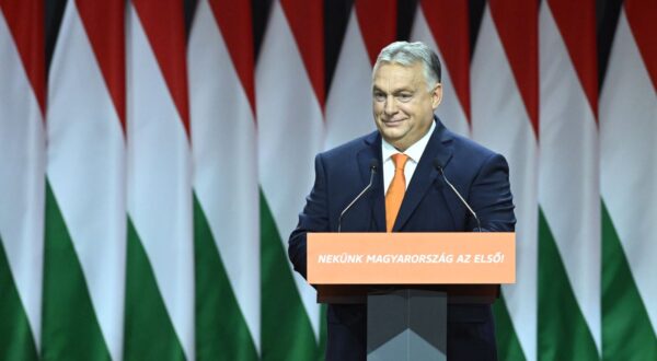 epa10983031 Hungarian Prime Minister Viktor Orban delivers his speech after he was re-elected as party president at the election of officials congress of the ruling Hungarian Fidesz party, during the 30th congress of Fidesz in Budapest, Hungary, 18 November 2023.  EPA/Szilard Koszticsak HUNGARY OUT