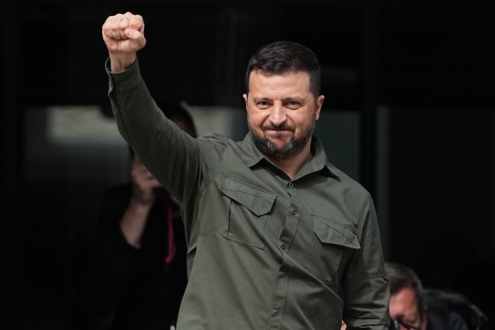 epa10998581 Ukrainian President Volodymyr Zelensky reacts after speaking to the crowd in front of the Danish Parliament in Copenhagen, Denmark, 21 August 2023.  EPA/MADS CLAUS RASMUSSEN