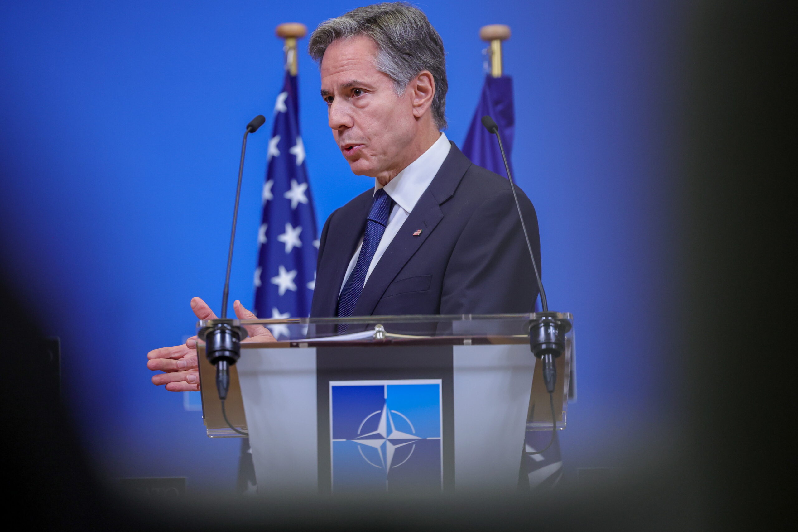 epa11001064 US Secretary of State Antony Blinken delivers a concluding statement after the NATO-Ukraine Council on the 2nd and last day of the Foreign Ministers' Council in the Alliance headquarters in Brussels, Belgium, 29 November 2023. NATO Ministers of Foreign Affairs are meeting on 28 and 29 November to address the wars in Ukraine and the Middle East, as well as growing strategic competition.  EPA/OLIVIER MATTHYS