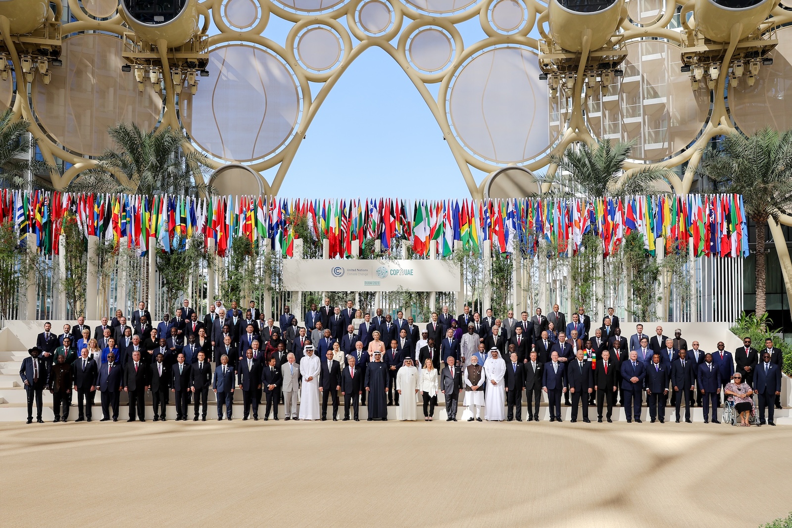 epa11005289 A handout photo made available by the UN Press Office shows leaders posing during a family photo session at the UN Climate Change Conference COP28, in Dubai, United Arab Emirates, 01 December 2023. The 2023 United Nations Climate Change Conference (COP28), runs from 30 November to 12 December, and is expected to host one of the largest number of participants in the annual global climate conference as over 70,000 estimated attendees, including the member states of the UN Framework Convention on Climate Change (UNFCCC), business leaders, young people, climate scientists, Indigenous Peoples and other relevant stakeholders will attend.  EPA/MAHMOUD KHALED/ UN PRESS OFFICE / HANDOUT  HANDOUT EDITORIAL USE ONLY/NO SALES HANDOUT EDITORIAL USE ONLY/NO SALES