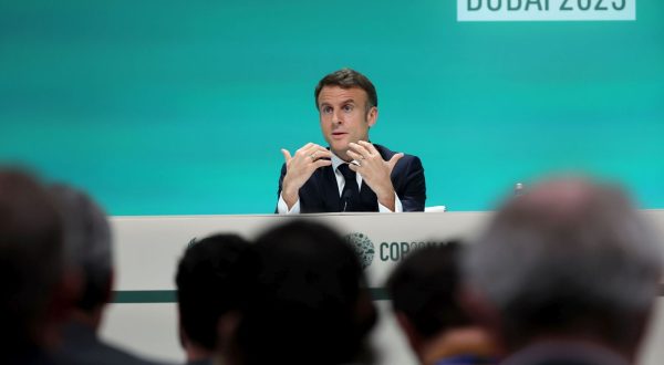 epa11007398 French President Emmanuel Macron speaks during a press conference as part of the third day of the 2023 United Nations Climate Change Conference (COP28) at Expo City Dubai in Dubai, UAE, 02 December 2023. The 2023 United Nations Climate Change Conference (COP28), runs from 30 November to 12 December, and is expected to host one of the largest number of participants in the annual global climate conference as over 70,000 estimated attendees, including the member states of the UN Framework Convention on Climate Change (UNFCCC), business leaders, young people, climate scientists, Indigenous Peoples and other relevant stakeholders will attend.  EPA/ALI HAIDER