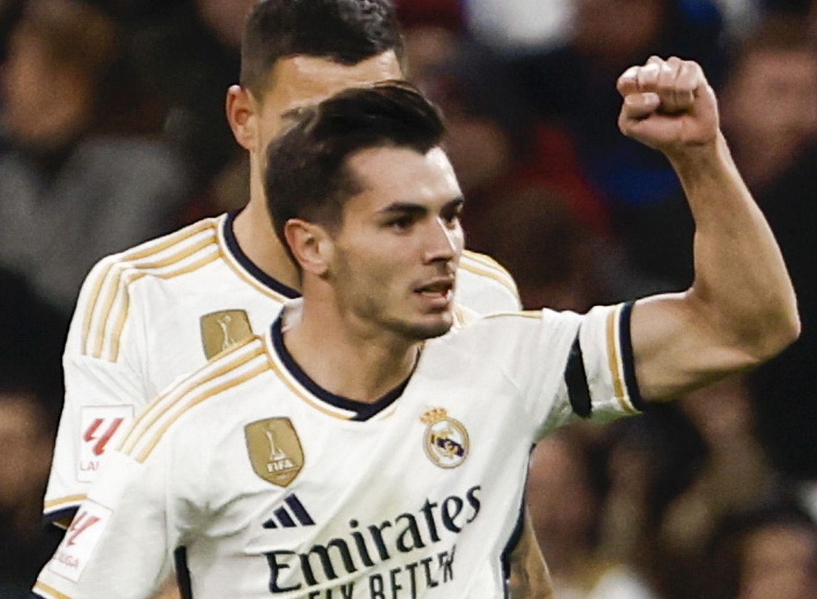 epa11007895 Real Madrid's Brahim Diaz celebrates after scoring the 1-0 goal during the Spanish LaLiga soccer match between Real Madrid and Granada CF, in Madrid, Spain, 02 December 2023.  EPA/SERGIO PEREZ