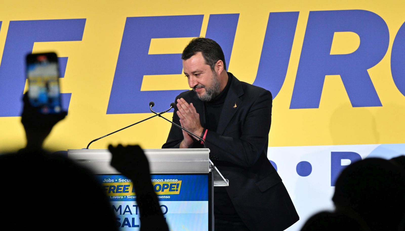 epa11008954 Italian deputy Prime Minister, Matteo Salvini, delivers a speech during a convention of the European Parliament leaders of Identity and Democracy group (ID), at the Fortezza da Basso in Florence, Italy, 03 December 2023. The convention, organized by Italian deputy Prime Minister Matteo Salvini, launches the Northern League campaign for the European elections. ID group has MEPs from eight countries, with the majority coming from Italy’s Lega party, the Rassemblement National in France and Germany’s AfD.  EPA/CLAUDIO GIOVANNINI