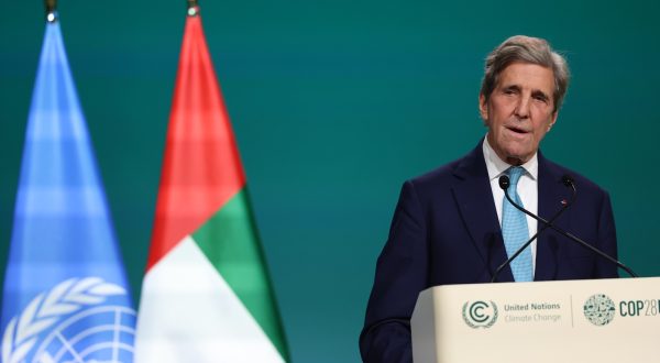 epa11010597 US Special Presidential Envoy for Climate John Kerry gives a speech during a session at the fifth day of the 2023 United Nations Climate Change Conference (COP28) at Expo City Dubai in Dubai, UAE, 04 December 2023. The 2023 United Nations Climate Change Conference (COP28), runs from 30 November to 12 December, and is expected to host one of the largest number of participants in the annual global climate conference as over 70,000 estimated attendees, including the member states of the UN Framework Convention on Climate Change (UNFCCC), business leaders, young people, climate scientists, Indigenous Peoples and other relevant stakeholders will attend.  EPA/ALI HAIDER