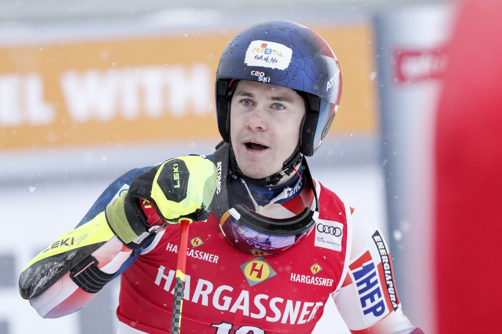 epa11018910 Filip Zubcic of Croatia in the finish area of the second run of the Men's Giant Slalom race of the FIS Alpine Skiing World Cup in Val d'Isere, France, 09 December 2023.  EPA/Guillaume Horcajuelo