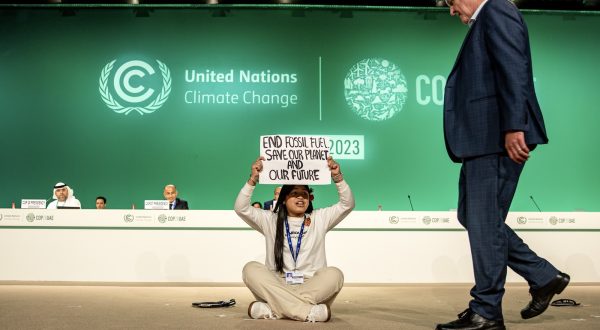 epa11022840 Indigenous climate activist from India, Licypriya Kangujam (C), 12, holds a placard while protesting at the 2023 United Nations Climate Change Conference (COP28), in Dubai, United Arab Emirates, 11 December 2023. COP28 runs from 30 November to 12 December, and is expected to host one of the largest number of participants in the annual global climate conference as over 70,000 estimated attendees, including the member states of the UN Framework Convention on Climate Change (UNFCCC), business leaders, young people, climate scientists, Indigenous Peoples and other relevant stakeholders will attend.  EPA/MARTIN DIVISEK