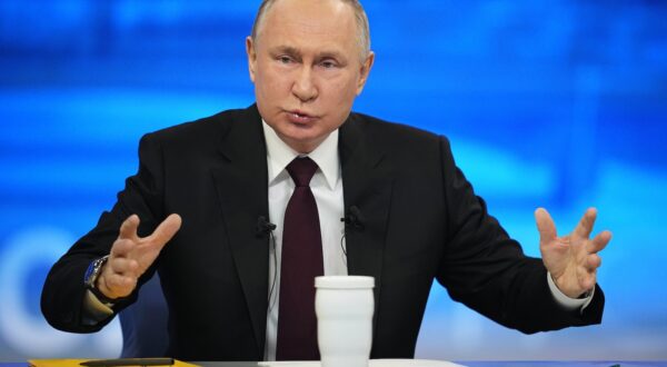 epa11028289 Russian President Vladimir Putin answers questions during his annual press conference with Russian federal, regional, and foreign media at the Gostiny Dvor forum hall in Moscow, Russia, 14 December 2023. Russian President Vladimir Putin on 14 December holds his end-of-year press conference, followed by the 'Direct Line with Vladimir Putin' televised event, where he will answer citizens' questions focusing on domestic issues. The President's Big Press Conference is an annual event that has been held since 2001. This year the format is combined 'Direct Line' (questions from citizens) and 'Big Press Conference' (questions from journalists). The event takes place months before the presidential election scheduled for 17 March 2024, in which Putin decided to run for re-election.  EPA/ALEXANDER ZEMLIANICHENKO / POOL