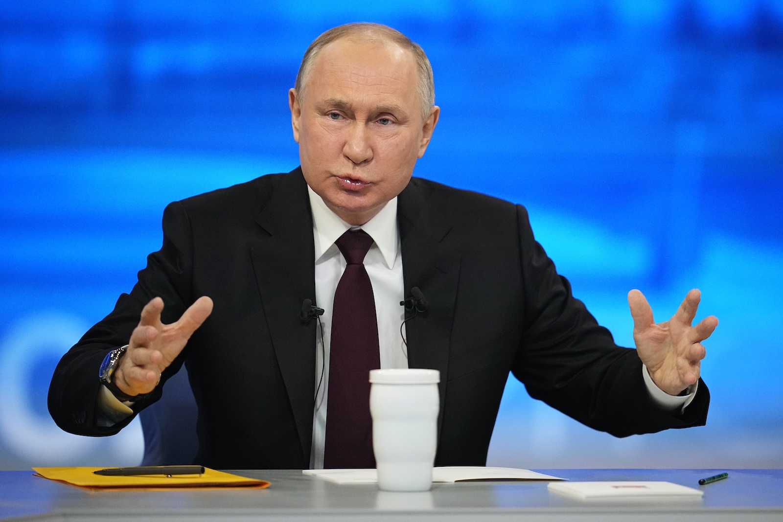 epa11028289 Russian President Vladimir Putin answers questions during his annual press conference with Russian federal, regional, and foreign media at the Gostiny Dvor forum hall in Moscow, Russia, 14 December 2023. Russian President Vladimir Putin on 14 December holds his end-of-year press conference, followed by the 'Direct Line with Vladimir Putin' televised event, where he will answer citizens' questions focusing on domestic issues. The President's Big Press Conference is an annual event that has been held since 2001. This year the format is combined 'Direct Line' (questions from citizens) and 'Big Press Conference' (questions from journalists). The event takes place months before the presidential election scheduled for 17 March 2024, in which Putin decided to run for re-election.  EPA/ALEXANDER ZEMLIANICHENKO / POOL