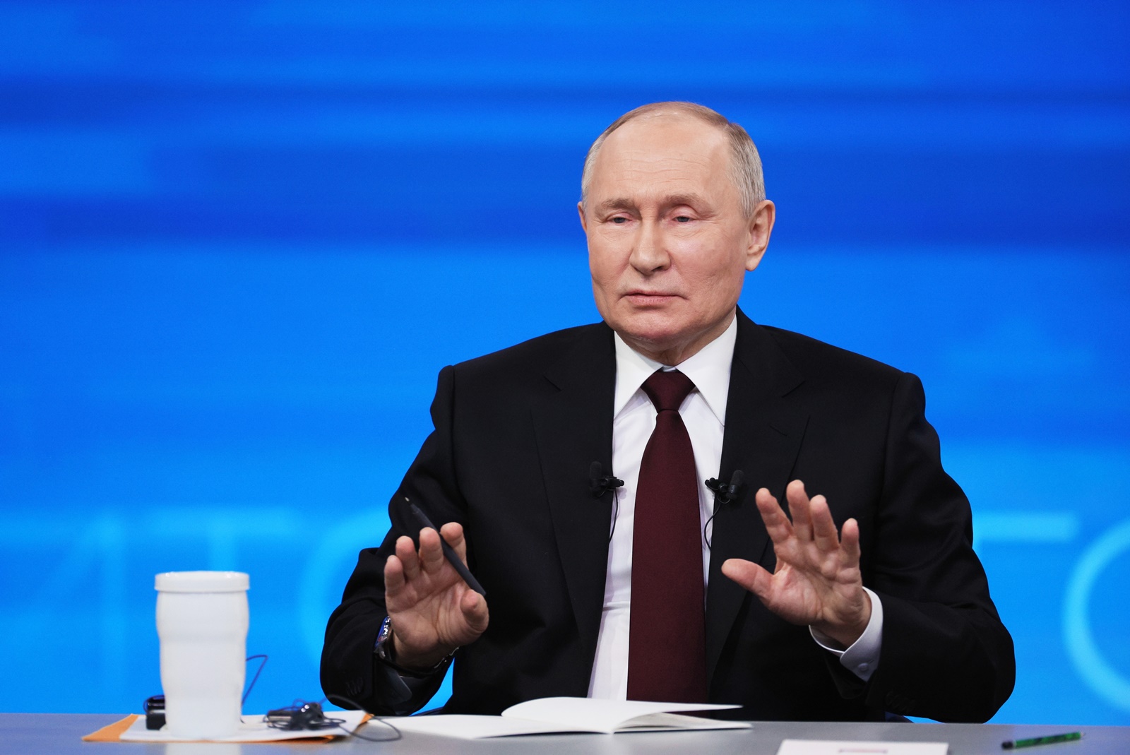 epa11028699 Russian President Vladimir Putin answers questions during his annual press conference with Russian federal, regional, and foreign media at the Gostiny Dvor forum hall in Moscow, Russia, 14 December 2023. Russian President Vladimir Putin on 14 December holds his end-of-year press conference, followed by the 'Direct Line with Vladimir Putin' televised event, where he will answer citizens' questions focusing on domestic issues. The President's Big Press Conference is an annual event that has been held since 2001. This year the format is combined 'Direct Line' (questions from citizens) and 'Big Press Conference' (questions from journalists). The event takes place months before the presidential election scheduled for 17 March 2024, in which Putin decided to run for re-election.  EPA/GAVRIIL GRIGOROV / SPUTNIK / KREMLIN POOL