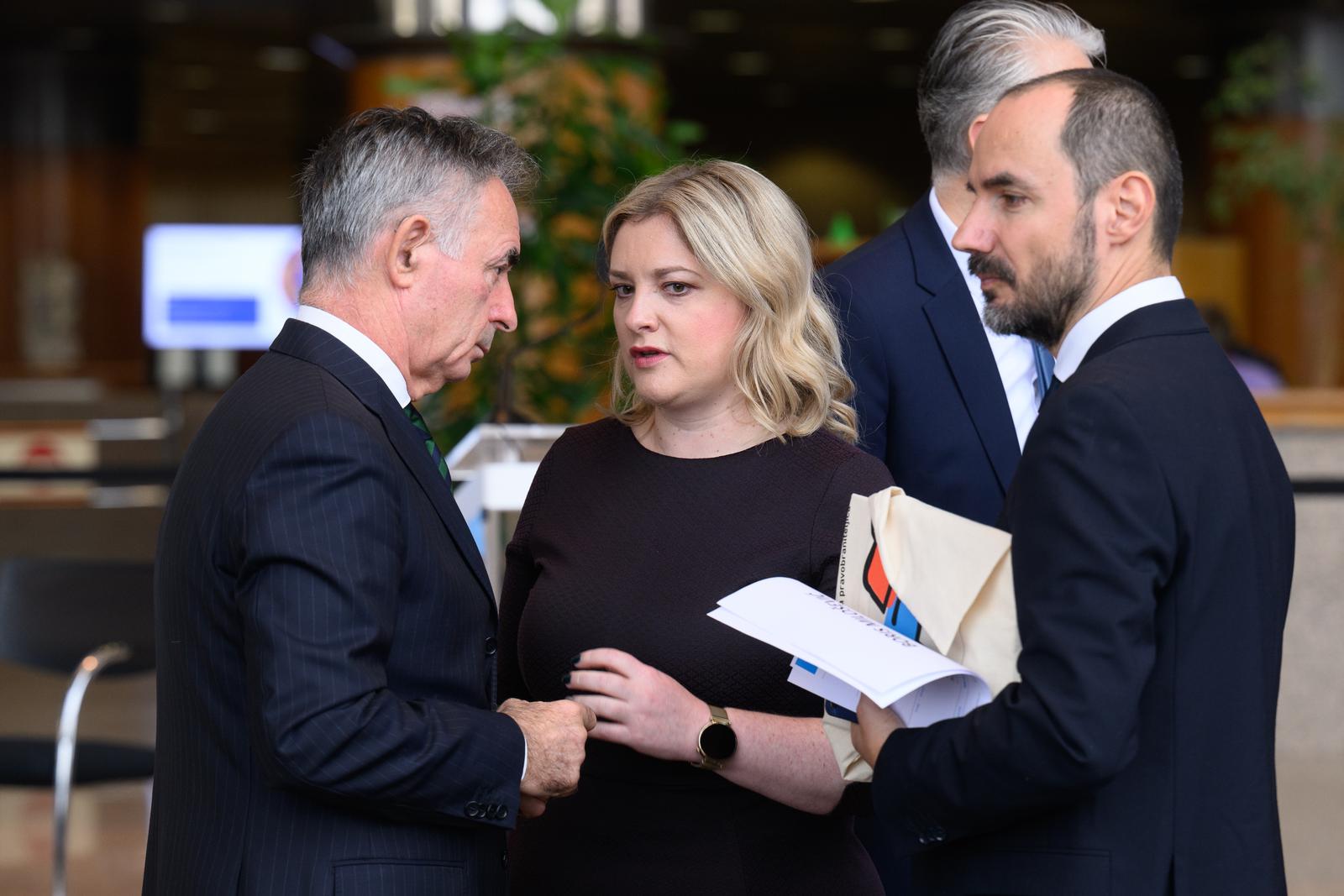01.12.2023., Zagreb - Konferencija povodom 75 godina od donosenja Opce deklaracije o ljudskim pravima Ujedinjenih naroda odrzana je u Velikom predvorju Nacionalne i sveucilisne knjiznice u Zagrebu.
Milorad Pupovac, Anja Simpraga, Boris Milosevic.
 Photo: Davor Puklavec/PIXSELL