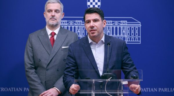08.12.2023., Zagreb - Na konferenciji za medije Mosta odrzanoj u Saboru o aktualnim temema govorili su Nino Raspudic i Nikola Grmoja.
 Photo: Patrik Macek/PIXSELL