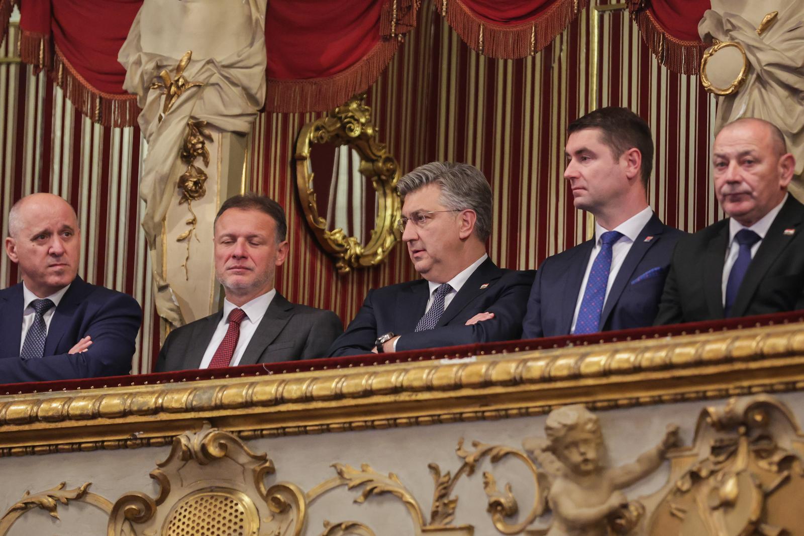 11.12.2023., Zagreb - 200. obljetnica rodjenja dr. Ante Starcevica u Hrvatskom narodnom kazalistu. Zeljko Reiner, potpredsjednik Vlade i ministar prostornoga uredjenja, graditeljstva i drzavne imovine Branko Bacic Branko Bacic, predsjednik Sabora Gordan Jandrokovic, predsjednik Vlade Andrej Plenkovic, ministar gospodarstva i odrzivog razvoja Davor Filipovic, potpredsjednik Vlade i ministar branitelja Tomo Medved Photo: Luka Stanzl/PIXSELL