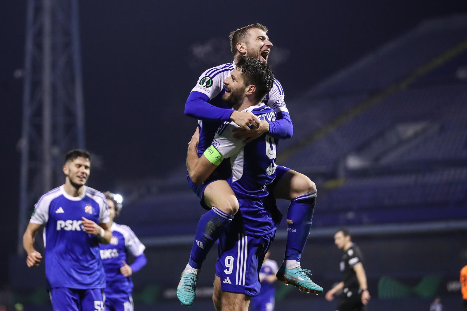 14.12.2023., stadion Maksimir, Zagreb - UEFA Konferencijska liga, skupina C, 6. kolo, GNK Dinamo - Ballkani. Nogometasi Dinama slave pogodak za vodstvo 2:0. Stefan Ristovski, Bruno Petkovic Photo: Luka Stanzl/PIXSELL