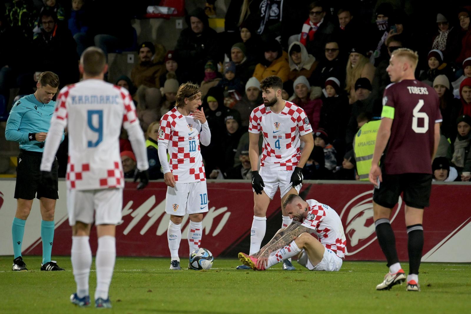18.11.2023., stadion Skonto, Riga, Latvija - Kvalifikacije za UEFA Euro 2024, skupina D, Latvija - Hrvatska. Luka Modric, Josko Gvardiol, Marcelo Brozovic. Photo: Ansis Ventins/PIXSELL